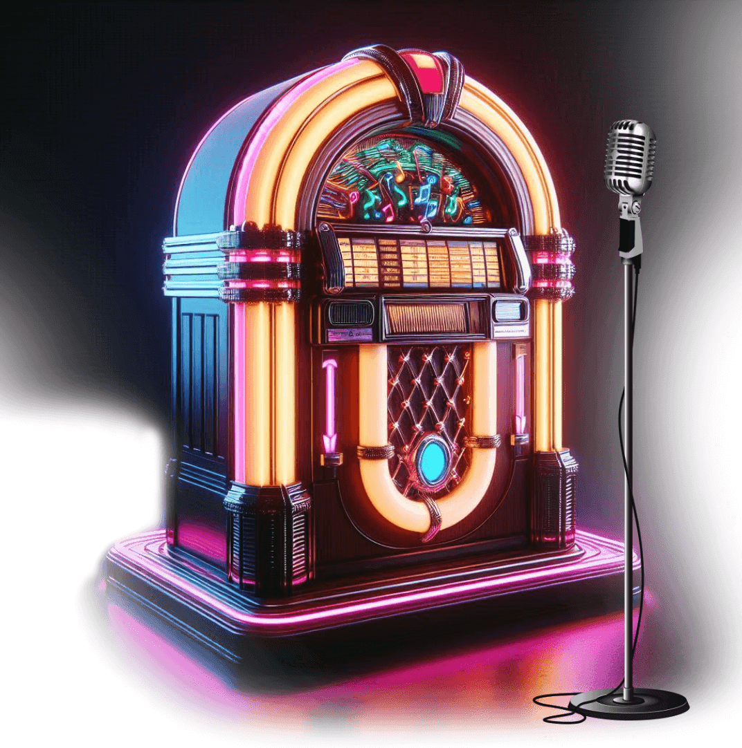 A neon jukebox beside a vintage microphone, ready for the next song